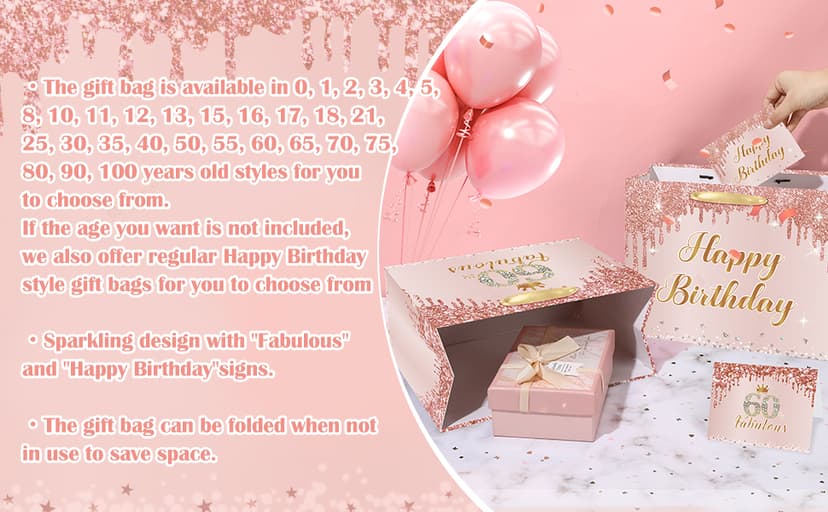 Yoirrat Rose Gold 60th Birthday Gift Bag for Women 60 & Fabulous Large Pink Happy 60th Birthday Gift Bag with Wrapping Paper and Card for 60th Bday Decorations Party Supplies