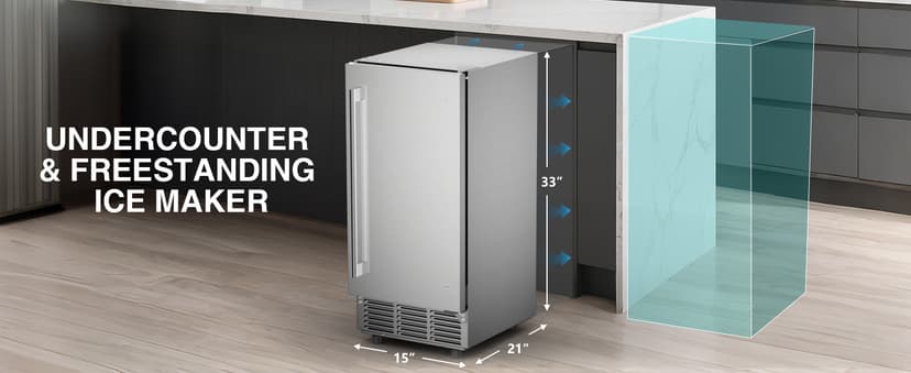 Commercial Under Counter Ice Maker 100 Lbs/Day with 30 LBS Storage Bin, Freestanding Built-in Ice Maker, 15" W Undercounter Ice Machine with Self Cleaning for Home/Bar/Cafe/Restaurant, Silver