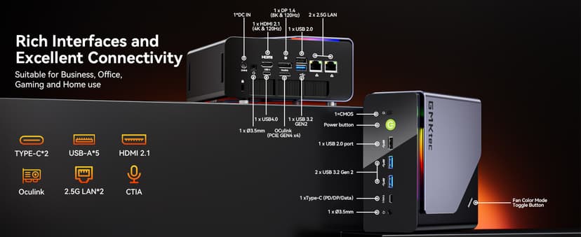 GMKtec Gaming Mini PC, K12 AMD Ryzen 7 H 255 (Upgraded 8745HS) 32GB DDR5 RAM 2TB SSD, Desktop Computer 3X M.2 2280 Expansion, Oculink, Dual NIC 2.5G, HDMI 2.1, USB4