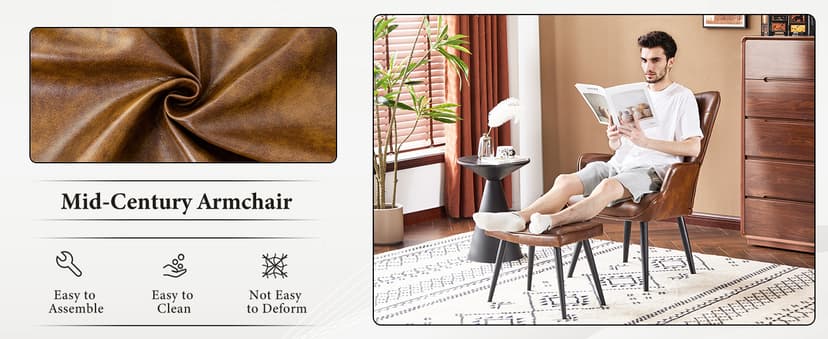 Furniliving PU Leather Accent Chair with Ottoman, Upholstered Reading Chair with High Backrest, Tufted-Button Wingback Armchair for Bedroom, Dressing Room, Home Office, Brown