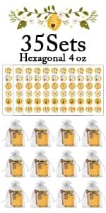 Aliggbent 48 Pack Mini Honey Jars Party Favors in Bulk, 1.5 oz Small Hexagon Glass Honey Jars with Dippers, Lids, Cute Stickers, Bee Charms, Gift Bags and Jute for Baby Showers, Weddings & Birthdays