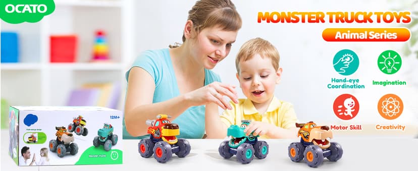 Car Toys for 1 Year Old Boy Gifts, Pull Back Monster Truck Toy Cars for Toddlers 1-3, 1 2 3 One Year Old Boy Birthday Gift 1st Vehicles Kids Stocking Stuffers Toddler Baby Boys Toys 12-18 Months