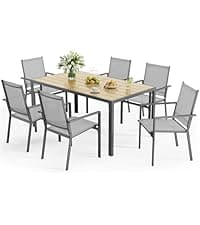 Ahomly Patio Table and Chairs Set for 6, Outdoor Dining Set Includes 59.5" Rectangle Patio Table with Side Umbrella Hole and 6 Textilene Fabric Patio Chairs for Backyard, Courtyard, Poolside, Brown