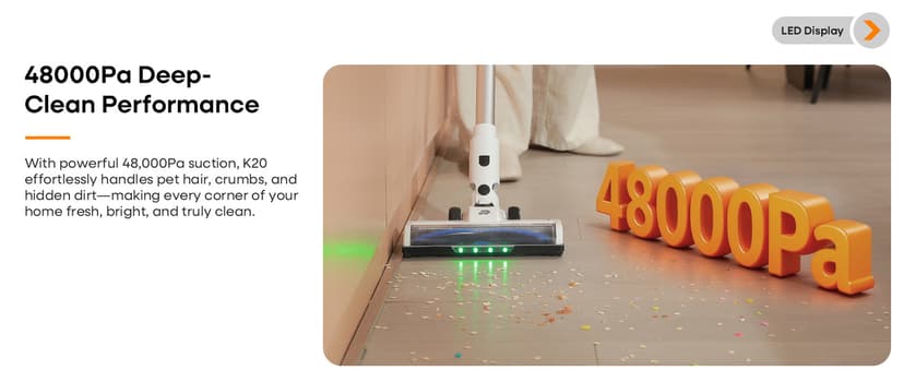 ElecKeys Cordless Vacuum Cleaner, 580W 48KPA 65Mins Vacuum Cleaners for Home, Self-Standing Anti-Tangle Vacuum with LED Display, Rechargeable, Lightweight, Cordless Vacuum for Floors/Pet Hair/Carpets