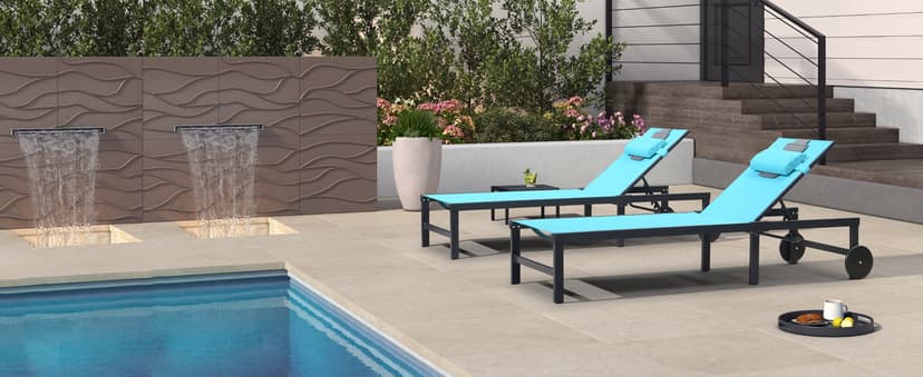 PURPLE LEAF Patio Chaise Lounge Chair Set of 3 Outside Aluminum Plastic Stackable Tanning Chairs with Armrests and Side Table for Pool Sunbathing Beach Deck Outdoor Lounger, Navy Blue