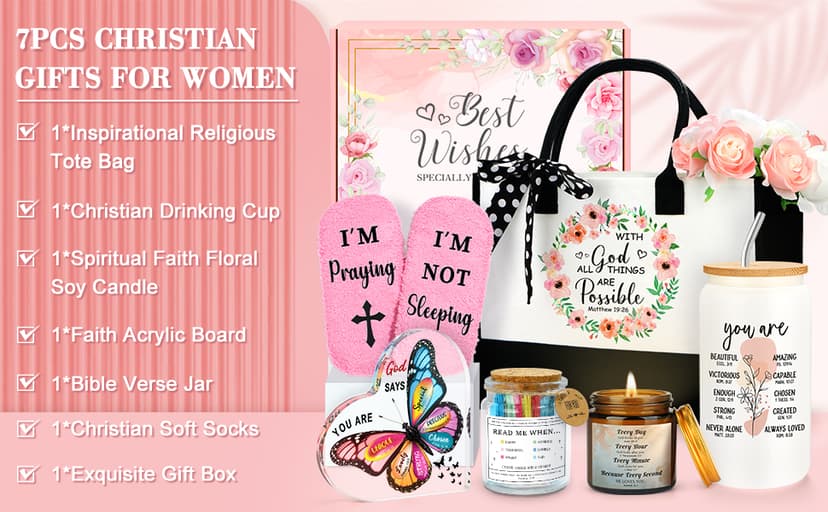 Christian Gifts for Women Faith Based Gift Inspirational Gifts for Women Birthday Unique Catholic Gift Bible Accessories Inclue Bible Verse Jar Butterfly Decorations Socks Glass Can Candles Tote Bag