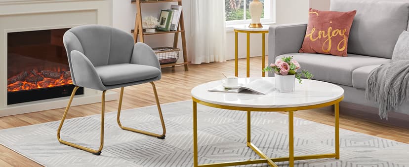 Yaheetech Flower Shape Velvet Vanity Chair, Modern Side Chair Armchair with Golden Metal Legs for Living Room/Dressing Room/Bedroom/Home Office/Kitchen, Gray