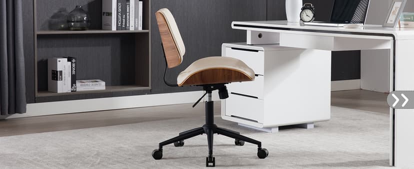Home Office Chair No Arms with Wheels, Adjustable Height Small Desk Chair, PU Leather Mid Back 360 Swivel Computer Chair, Armless Modern Walnut Chair for Office, Reading Meeting Room(Beige)