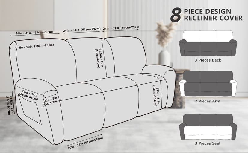 ANARACHON Leather Look Recliner Couch Cover 8-Piece Recliner Sofa Slipcovers 3 Seater for Reclining Couches Furniture Protector Spandex Fabric Washable (Recliner Sofa, Brown)