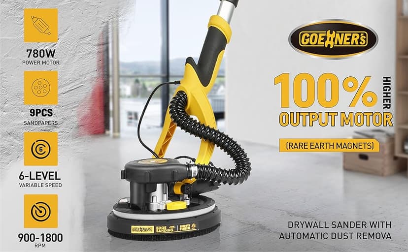 Drywall Sander, 6.5-amp Powerful Electric Drywall Sander with Vacuum, Anto Dust Removal, 7 Variable Speed, 900-1800RPM, Dustless Floor Sander with 26’ Power Cord for Popcorn Ceiling