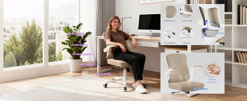 Ergonomic Office Chair with Lumbar Support, High Back Mesh Desk Chair with Flip-Up Arms, Adjustable Computer Task Chair, Khaki