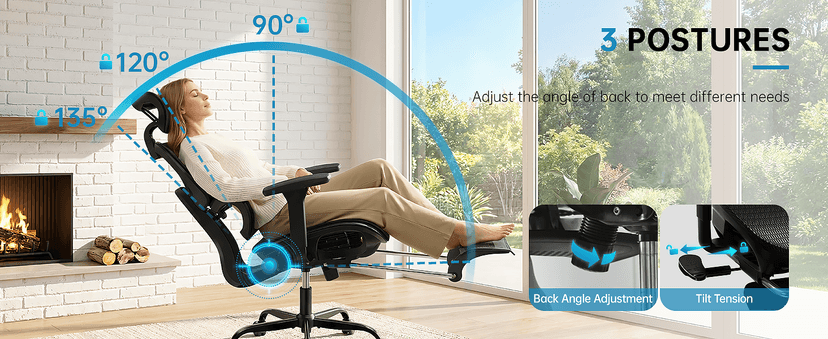 AreShark Office Chair Ergonomic Desk Chair,High Back Computer Chair with 3D Headrest & Armrests,Gaming Chair with Lumbar Support,90-135°Tilt Lock Mesh Office Chair with Footrest,Wheels,Black