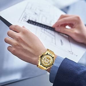 FANMIS Classic Mens Skeleton Automatic Mechanical Watches Luxury Carving Flower Craft Watch with Stainless Steel Waterproof Bracelet Wrist Watch