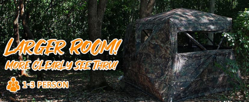 Wide Bottom Hunting Blind 1-3 Person with Portable Chair, 270 Degree See Through Pop up Ground Blinds for Deer Turkey Duck Hunting, Bow Hunting Adjust Windows with Silent Zipper
