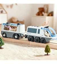 Tiny Land 110pcs Wooden Train Set with Folding Storage Box, Wooden Train Track Toy for Boys & Girls, Age 3-7, Includes Convenient Storage