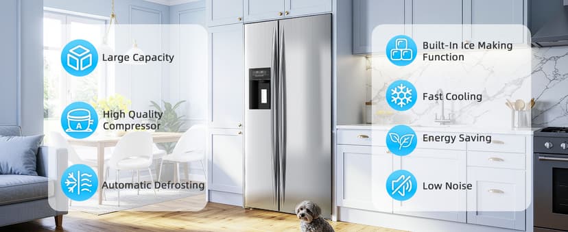 Antarctic Star French Door Refrigerator with Side Freezer, Nugget and Cube Ice Maker, Adjustable Thermostat, 20 Cu. Ft., Stainless Steel