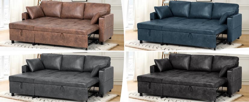 Lesofair 84" L-Shape Pull Out Sofa Bed with Adjustable Backrest, Upholstered Sectional Sleeper Sofa with Storage Chaise, Suede Leather Reversible Couch Bed with USB Port for Living Room, House, Brown