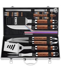 ROMANTICIST 26pcs Stainless Steel Grill Tool Set, Heavy Duty BBQ Grilling Accessories Gifts for Men Dad, Non-Slip Grill Utensils Kit with Apron, Thermometer, Mats in Aluminum Case for Christmas Brown