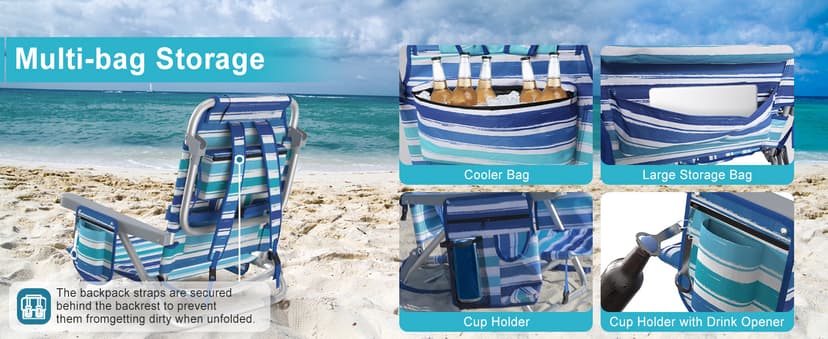 Suteck Backpack Beach Chairs for Adults, 5-Position Lay Flat Reclining Chair with Cooler Pouch, Cup Holder, Towel Bar, 2-Pack Portable Folding Beach Chair for Lawn Outdoor (1, Light Blue)