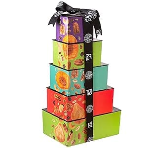 Oh! Nuts Dried Fruit and Nuts Gift Basket Tower with Black Ribbon Gift Basket, 5 Tier Gourmet Arrangement Platter, Healthy Kosher Snack Box for Birthday, Anniversary