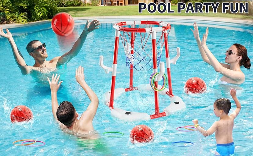 Pool Basketball Hoop, 2-in-1 Floating Pool Toys Ring Game with 4 Balls and Pump, Outdoor Swimming Pool Basketball Games Water Play Toy Family Party for Kids Adults Age 3-12 (Red)