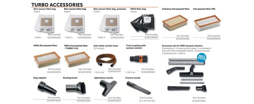 Fein Turbo I HEPA Pro Set Wet/Dry Dust Extractor - 5.8-Gallon Capacity, 151 CFM Suction, Anti-Static System, Quiet 66 dB Operation, Includes HEPA Filter and Accessories - 92037060990