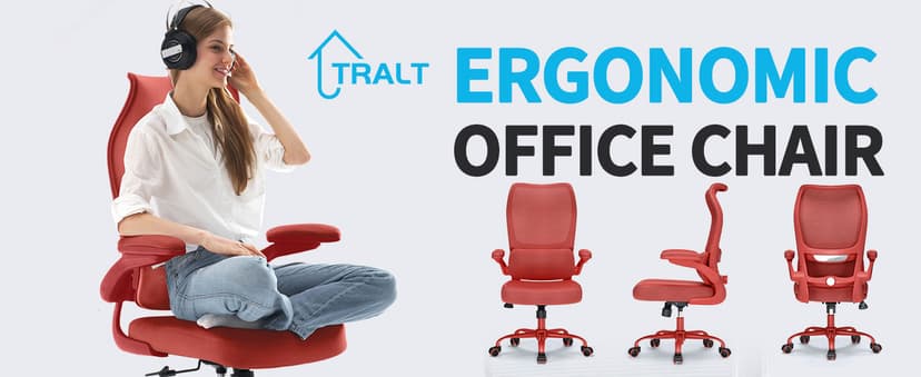 TRALT Ergonomic Office Chair - Desk Chair with Wave High Back Adjustable Lumbar Support Computer Chair - Gaming Chairs Mesh Backrest and PU Leather Seat (RED)