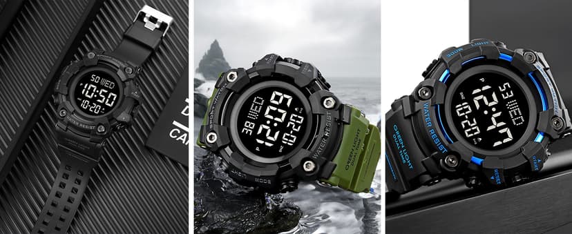 FANMIS Men's Digital 50M Waterproof Electronic Sport Watch Rubber Band Army Military 24H Time LED Light 164FT Water Resistant Calendar Date Day Watches