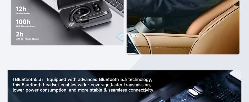 Bluetooth Headset V5.3,100 Hrs Talk Time Single-Ear Earphone, CVC8.0 Noise Cancelling Wireless Earbud, Business Earbud with 500 mAh Charging Case, Hands-Free Earpiece for Trucker/Home/Office Work