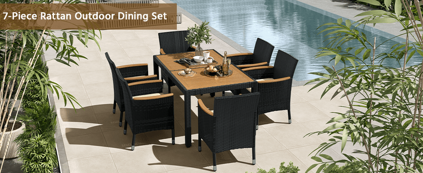 Yaheetech 7 Piece Patio Furniture Set, Outdoor Dining Acacia Wood Table Top Rattan Conversation Set with Soft Cushions, 6 Chairs & 1 Table for Backyard, Deck, Garden & Yard, Black/Beige