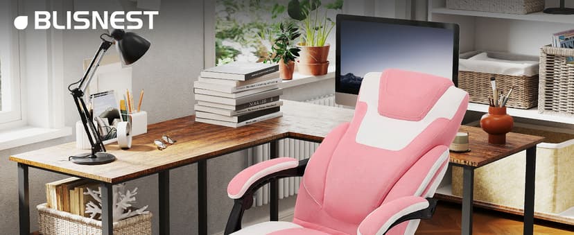 Massage Office Chair with Foot Rest,6-Point Vibration & Heat Executive Office Chairs,Ergonomic Computer Chair for Heavy People,Big and Tall Fabric Office Chair,Recliner with Padded Armrest,Pinkwhite