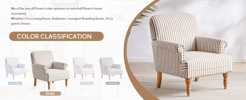 HUIMO Linen Fabric Accent Chair, Mid-Century Modern Armchair with Solid Wood Legs, Single Sofa Chair,Upholstered Reading Club Chair (1, Dark Blue and White Stripe)