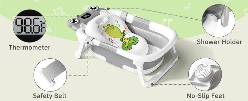 BUNWAG Baby Bathtub, Collapsible Newborn Bathtub for Infant to Toddler with Soft Cushion and Thermometer,Portable Travel Newborn Tub with No-Slip Feet, Baby Shower Gifts, 0-12 Months Baby Bath, Grey B0CTJXJL4T
