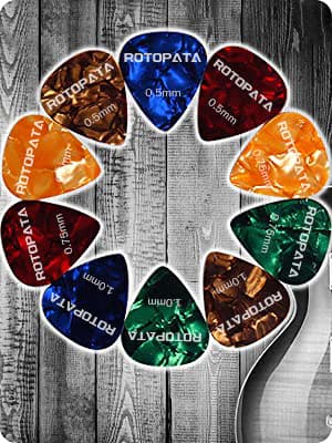 ROTOPATA Guitar Picks with Organizer Storage Box, 0.5 0.75 1.0 mm Thin Medium Heavy Plectrums, Colorful Celluloid Guitar Accessories for Bass Electric Acoustic Guitars Ukulele, 15 Pack