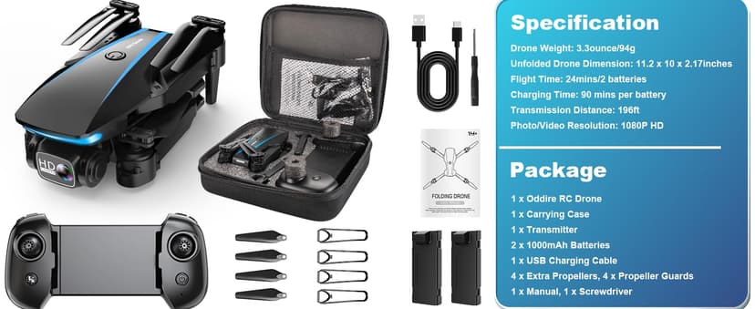 Oddire Drone with Camera - Drones for Adults, with 2 Batteries, Carrying Case, Propellers, 1080P HD Foldable Drone with Stable Hover, Trajectory Flight, Gravity Control, One Key Take Off/Land, 3D Flip