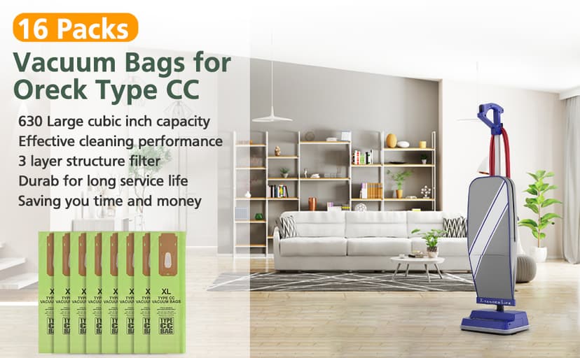 16 Packs Vacuum Bags for Oreck Type CC, Compatible with All Oreck XL Upright Vacuum Cleaner - Replaces Part # CCPK8DW