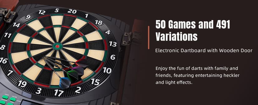 Electronic Dart Board with Wooden Door, Electric Dartboard with Heckler & Light Effects, Digital Soft Tip Dartboards for Game Room Man Cave Bar, 12 Darts, 100 Soft Tips