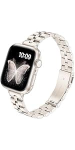 Slim Metal Band for Apple Watch Bands for Women 41mm 40mm 42mm(S10/11) 38mm iWatch Bands, Thin Dressy Fancy Strap for Apple Watch Band Series 10 11 Series 9 8 SE 7 6 5 4 3-Starlight+Rose Gold