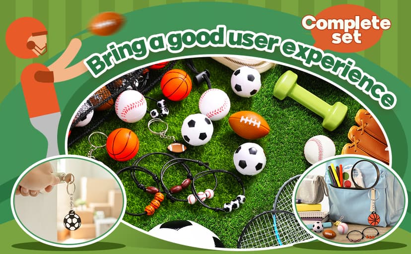 Nosiny Sportball Party Favors - 108 Pcs Bulk Set Including 36 Keychains, 36 Stress Balls & 36 Charm Bracelets for Team Birthday Parties