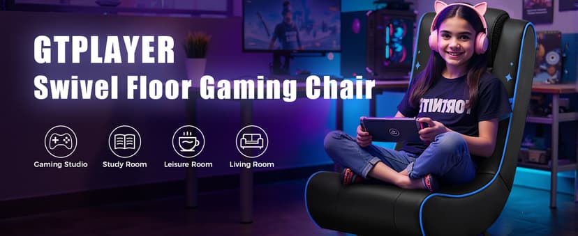 GTPLAYER Floor Gaming Chair Foldable Swivel Floor Chairs for Kids Boys Comfy Video Game Seat with 360° Multipurpose for Gamers, Bedroom or Game Room(Black-Blue)
