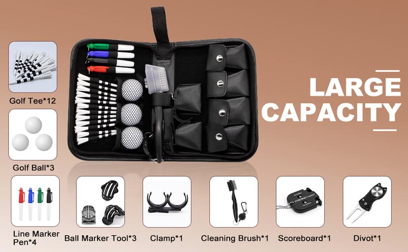 Golf Accessories for Men and Women, Golf Gifts for Him with Leather Case, Golf Brush, Golf Balls, Golf Tees, Golf Ball Clamp, Golf Divot, Golf Ball Line Marker Tool,Golf Ball Marking Stencils