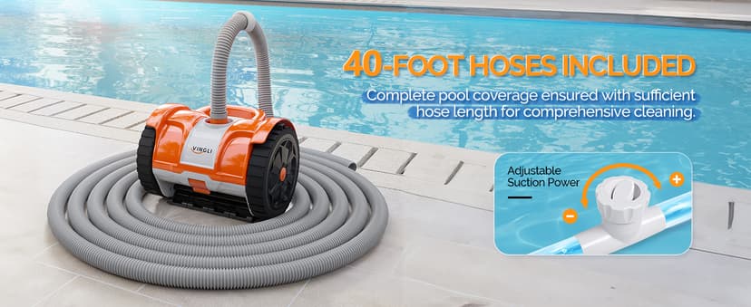 (2025 Upgrade) VINGLI Pool Vacuum Cleaner, Suction Side Wall-Climbing Sweeper for Ground&Inground Pools, Automatic Pool Vacuum with 39.6ft Tangle-Free Hose (Rich Orange&Gray)