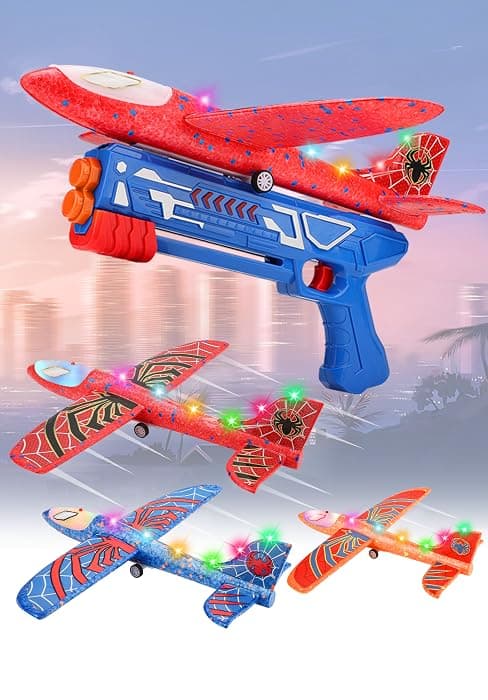 Fuwidvia 3 Pack Airplane Launcher Toys, 13.2'' LED Foam Glider Plane Toy for Boys, 2 Flight Modes Outdoor Flying Toys Birthday Gifts for Boys Girls 4 5 6 7 8 9 10 11 12 Year Old (Blue&Green&Orange)