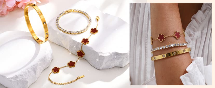 MPRAINBOW Womens Stackable Floral Gold Bracelets - 3Pcs 18K Gold Plated Bracelet,Stainless Steel Bangle Bracelets Non Tarnish, Gold Bracelet Set Trendy Jewelry,Christmas Valentines Birthday Gifts for Girlfriend