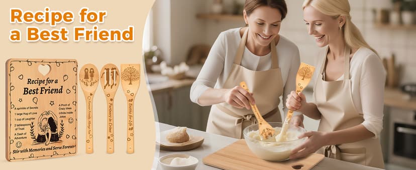 Recipe for a Best Friend Gift Set, Bamboo Cutting Board with Engraved Utensils, Unique Kitchen Gifts for Women, Bestie Gifts for Birthday, Christmas, Housewarming, Graduation, Long Distance Friendship