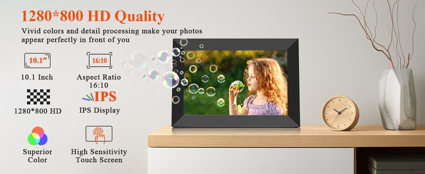 BIGASUO 10.1 Inch WiFi Digital Picture Frame, IPS HD Touch Screen Cloud Smart Photo Frames with Built-in 32GB Memory, Wall Mountable, Auto-Rotate, Share Photos Instantly from Anywhere