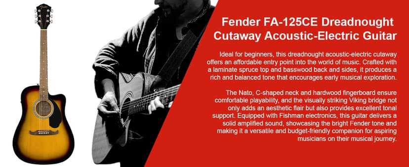 Fender FA-125CE Dreadnought Cutaway Acoustic-Electric Guitar - Sunburst Bundle with Gig Bag, Strap, Strings, Picks, and Austin Bazaar Instructional DVD