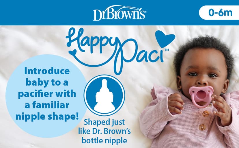 Dr. Brown's Happy Paci 100% Silicone Baby Pacifier, Contoured One-Piece Design, Light Pink/Pink/White, 0-6m, BPA-Free, 3-Pack