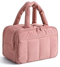 BAGSMART Travel Toiletry Bag, Lightweight Large Wide-open Travel Bag for Women, Puffy Cosmetic Makeup Bag Organizer with Handle for Accessories,Essentials, Toiletries, Dark Pink