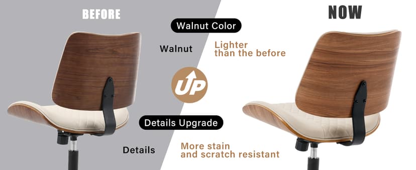 Home Office Chair No Arms with Wheels, Adjustable Height Small Desk Chair, PU Leather Mid Back 360 Swivel Computer Chair, Armless Modern Walnut Chair for Office, Reading Meeting Room(Beige)